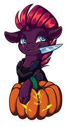 Size: 850x1550 | Tagged: safe, artist:banoodle, fizzlepop berrytwist, tempest shadow, pony, unicorn, g4, armor, broken horn, clothes, commission, cute, halloween, holiday, horn, knife, pumpkin, pumpkin carving, scar, simple background, solo, tempestbetes, white background, ych result