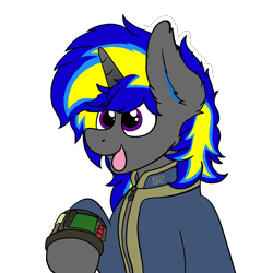 Size: 3000x3000 | Tagged: safe, artist:aaathebap, oc, oc only, oc:rapid shadow, pony, unicorn, fallout equestria, clothes, cute, ear fluff, flower, fluffy, happy, high res, male, pipboy, simple background, smiling, transparent background