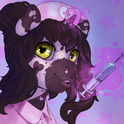 Size: 2000x2000 | Tagged: safe, artist:oops, oc, oc only, oc:bunny, pony, unicorn, heart eyes, high res, nurse outfit, piercing, solo, syringe, wingding eyes