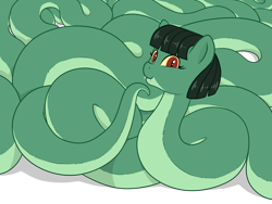 Size: 4032x3024 | Tagged: safe, artist:wispy tuft, oc, oc only, oc:tija, original species, snake, snake pony, fangs, female, long, pale belly, png, smiling, smiling at you, snek, solo, strange waifus, thinking, thonk