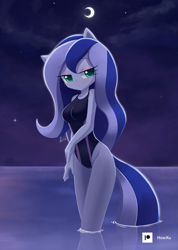Size: 1000x1407 | Tagged: safe, artist:howxu, princess luna, anthro, g4, bedroom eyes, blushing, breasts, busty princess luna, clothes, crescent moon, eyeshadow, female, high-cut clothing, looking at you, makeup, moon, night, ocean, one-piece swimsuit, solo, standing in water, swimsuit, water