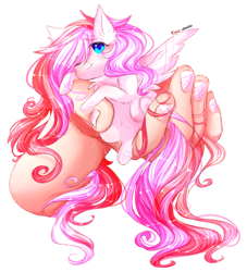 Size: 2584x2848 | Tagged: safe, artist:krissstudios, oc, oc only, oc:ayame chan, human, pegasus, pony, chibi, disembodied hand, female, hand, high res, in goliath's palm, mare, micro, simple background, solo, tiny, tiny ponies, white background