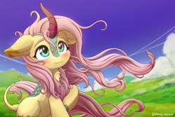 Size: 2400x1600 | Tagged: safe, artist:symbianl, fluttershy, kirin, g4, :3, blushing, cloud, cloven hooves, colored eartips, cute, female, floppy ears, grass, grass field, hoof fluff, kirin fluttershy, kirin-ified, kirinbetes, leonine tail, neck fluff, outdoors, raised hoof, scenery, shyabetes, sitting, sky, smiling, solo, species swap, stray strand, tail fluff, three quarter view, weapons-grade cute, windswept mane