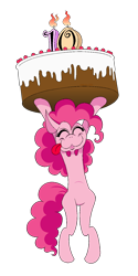 Size: 750x1500 | Tagged: safe, artist:hellarmy, derpibooru exclusive, pinkie pie, earth pony, pony, mlp fim's tenth anniversary, g4, bipedal, birthday cake, cake, female, food, happy birthday mlp:fim, mare, ms paint, simple background, solo, tongue out, transparent background