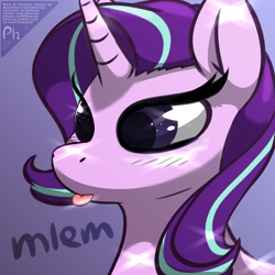 Size: 2200x2200 | Tagged: safe, artist:phlerius, starlight glimmer, pony, unicorn, g4, bust, digital art, high res, mlem, silly, solo, tongue out