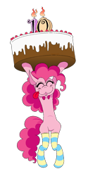 Size: 750x1500 | Tagged: safe, alternate version, artist:hellarmy, derpibooru exclusive, pinkie pie, earth pony, pony, mlp fim's tenth anniversary, g4, bipedal, birthday cake, cake, clothes, female, food, happy birthday mlp:fim, mare, ms paint, simple background, socks, solo, striped socks, thigh highs, tongue out, transparent background