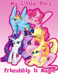 Size: 2700x3500 | Tagged: safe, artist:geraritydevillefort, applejack, fluttershy, pinkie pie, rainbow dash, rarity, twilight sparkle, earth pony, pegasus, pony, unicorn, mlp fim's tenth anniversary, g4, blushing, cute, eyes closed, floppy ears, freckles, happy birthday mlp:fim, high res, mane six, one eye closed, open mouth, smiling, unicorn twilight