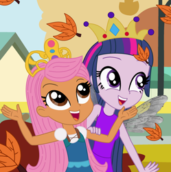 Size: 1960x1968 | Tagged: safe, artist:user15432, artist:yaya54320bases, twilight sparkle, alicorn, fairy, human, equestria girls, g4, autumn, autumn leaves, barely eqg related, base used, blue dress, bubble guppies, clothes, costume, crossover, crown, dress, duo, equestria girls style, equestria girls-ified, fairy costume, fairy princess, fairy princess outfit, fairy wings, fairyized, halloween, halloween costume, holiday, jewelry, leaf, leaves, molly (bubble guppies), nick jr., nickelodeon, open mouth, princess, princess costume, purple dress, regalia, twilight sparkle (alicorn), wings