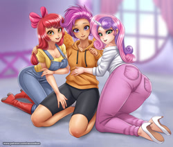 Size: 1297x1100 | Tagged: safe, artist:racoonsan, apple bloom, scootaloo, sweetie belle, human, growing up is hard to do, adult, anime, ass, boots, breasts, busty apple bloom, busty cmc, busty scootaloo, busty sweetie belle, butt, cleavage, clothes, compression shorts, cutie mark crusaders, eyebrows, eyebrows visible through hair, female, high heels, hoodie, horn, horned humanization, humanized, jeans, looking at you, looking back, looking back at you, older, older apple bloom, older cmc, older scootaloo, older sweetie belle, open mouth, open smile, overalls, pants, shoes, smiling, smiling at you, sweater, sweetie butt, tight clothing, trio, trio female, wall of tags, winged humanization, wings