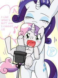 Size: 768x1024 | Tagged: safe, artist:batipin, edit, rarity, sweetie belle, pony, unicorn, g4, baby got back, bipedal, blushing, carrying, duo, female, holding a pony, implied shipping, implied spike, implied spikebelle, implied straight, karaoke, microphone, siblings, singing, sisters, size difference, strategically covered
