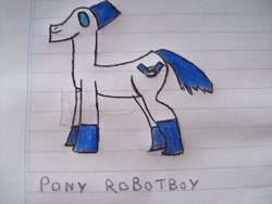 Size: 900x675 | Tagged: safe, artist:demiantheprincepingu, earth pony, pony, crossover, lined paper, ponified, robotboy, robotboy (character), solo, traditional art
