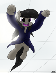 Size: 1837x2375 | Tagged: safe, artist:the-furry-railfan, octavia melody, earth pony, pony, g4, angry, bathrobe, bed mane, belly button, ceiling, clothes, frog (hoof), leaping, octavia is not amused, pounce, robe, screaming, solo, this will end in pain, unamused, underhoof