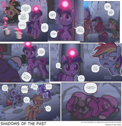 Size: 3000x3100 | Tagged: safe, artist:perfectblue97, applejack, button mash, cheerilee, rainbow dash, twilight sparkle, changeling, earth pony, pegasus, pony, unicorn, comic:shadows of the past, g4, bucket, butt, censor bar, censored, comic, disguise, disguised changeling, eyes on the prize, female, filly, glowing horn, high res, horn, licking, looking at butt, nipples, nudity, plot, tongue out, unicorn twilight