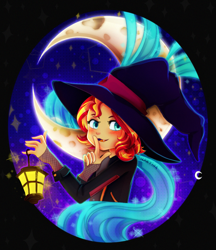 Size: 1036x1200 | Tagged: safe, artist:meqiopeach, sunset shimmer, human, equestria girls, g4, :3, black background, clothes, costume, crescent moon, cute, cute little fangs, fangs, gloves, halloween, halloween costume, hat, holiday, lantern, magic, magic aura, moon, moonlight, night, nightmare night, purple background, shimmerbetes, shiny, short hair, simple background, stars, sunset, witch, witch hat