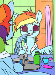 Size: 1033x1400 | Tagged: safe, artist:dacaoo, rainbow dash, pegasus, pony, g4, bathroom, bed hair, brushing teeth, messy mane, mirror, morning ponies, sink, solo, tired, toothpaste, towel, wing hands, wings