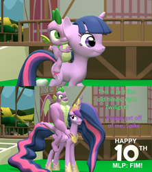 Size: 1920x2160 | Tagged: safe, artist:red4567, spike, twilight sparkle, alicorn, dragon, pony, mlp fim's tenth anniversary, g4, the last problem, 10, 3d, before and after, brother and sister, dragons riding ponies, duo, female, gigachad spike, happy birthday mlp:fim, male, older, older spike, older twilight, older twilight sparkle (alicorn), ponyville, princess twilight 2.0, riding, siblings, source filmmaker, spike riding twilight, time skip, town hall, twilight sparkle (alicorn), twilight sparkle is not amused, unamused