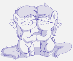 Size: 866x724 | Tagged: safe, artist:heretichesh, oc, oc:aryanne, oc:kyrie, earth pony, pegasus, pony, blushing, bow, duo, female, filly, hair bow, happy, heart, hooves together, monochrome, pigtails, shipping, sketch, younger