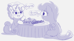 Size: 1960x1084 | Tagged: safe, artist:heretichesh, cozy glow, scootaloo, sweetie belle, pegasus, pony, unicorn, bow, chess, chess piece, chessboard, cozy belle, dialogue, duo, female, filly, freckles, fusion, grin, hair bow, missing cutie mark, sitting, smiling, sweat, sweatdrop, tail bow, text, tree stump