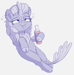 Size: 944x960 | Tagged: safe, artist:heretichesh, cinder glow, summer flare, kirin, drunk, drunk bubbles, female, happy, hot sauce, lying down, mare, mlem, on back, silly, solo, tail between legs, tongue out