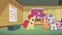 Size: 1280x720 | Tagged: safe, screencap, apple bloom, scootaloo, sweetie belle, earth pony, pegasus, pony, unicorn, crusaders of the lost mark, g4, clubhouse, crusaders clubhouse, female, filly