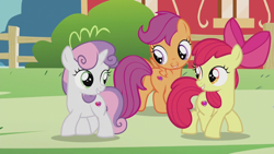 Size: 1280x720 | Tagged: safe, screencap, apple bloom, scootaloo, sweetie belle, earth pony, pegasus, pony, unicorn, crusaders of the lost mark, g4, butt, cutie mark, female, filly, plot, the cmc's cutie marks