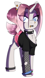 Size: 1604x2740 | Tagged: safe, artist:lockheart, oc, oc only, oc:claire, pony, unicorn, black lipstick, blue eyes, chest fluff, choker, clothes, ear piercing, eyebrow piercing, eyeshadow, female, fishnet clothing, gym shorts, leg band, lidded eyes, lip piercing, lipstick, looking at you, makeup, mare, nose piercing, pastel goth, piercing, shirt, shorts, side slit, simple background, solo, spiked choker, tomboy, white background, wristband