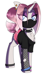 Size: 1604x2740 | Tagged: safe, alternate version, artist:lockheart, oc, oc only, oc:claire, pony, unicorn, blue eyes, chest fluff, choker, clothes, ear piercing, eyebrow piercing, eyeshadow, face mask, female, fishnet clothing, gym shorts, leg band, lidded eyes, looking at you, makeup, mare, mask, pastel goth, piercing, shirt, shorts, side slit, simple background, solo, spiked choker, tomboy, white background, wristband