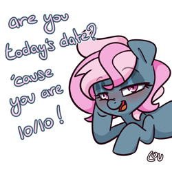 Size: 1500x1500 | Tagged: safe, artist:lou, oc, oc only, oc:juicy dream, pony, blushing, flirting, looking at you, pun, simple background, smooth, solo, white background