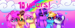 Size: 3840x1482 | Tagged: safe, artist:aaa-its-spook, applejack, fluttershy, pinkie pie, rainbow dash, rarity, twilight sparkle, mlp fim's tenth anniversary, g4, happy anniversary, happy birthday mlp:fim, mane six, tongue out