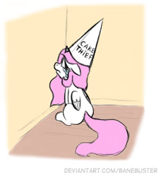 Size: 271x297 | Tagged: safe, artist:banebuster, princess celestia, alicorn, pony, series:tiny tia, g4, cewestia, crying, cute, dunce hat, female, filly, filly celestia, floppy ears, hat, implied theft, looking at you, looking back, looking back at you, pink-mane celestia, pony shaming, solo, time out, younger