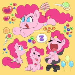 Size: 905x900 | Tagged: safe, artist:talimingi, pinkie pie, earth pony, pony, g4, balloon, behaving like a dog, candy, candy corn, chair, cute, cutie mark, diapinkes, drool, ear scratch, female, food, lollipop, mare, no pupils, office chair, onomatopoeia, open mouth, orange background, profile, simple background, sitting, sleeping, snoring, solo, sound effects, zzz