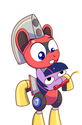 Size: 1280x1947 | Tagged: safe, artist:trackheadtherobopony, twilight sparkle, oc, oc:trackhead, pony, robot, robot pony, g4, explosives, i can't believe it's not jargon scott, simple background, this will end in explosions, tnt, transparent background, twiggie