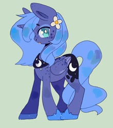 Size: 1408x1600 | Tagged: safe, artist:kurochaann, princess luna, alicorn, pony, g4, cute, female, flower, flower in hair, freckles, green background, hoof shoes, looking at you, lunabetes, mare, open mouth, profile, s1 luna, simple background, solo
