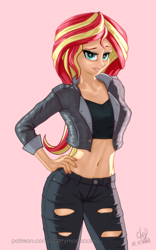 Size: 1200x1920 | Tagged: safe, artist:cherrymocaccino, artist:zuko42, sunset shimmer, human, art pack:music album 'e.g.8 themes', equestria girls, g4, belly button, clothes, female, humanized, jacket, jeans, leather jacket, looking at you, midriff, pants, ripped jeans, ripped pants, solo, torn clothes