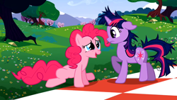 Size: 1280x720 | Tagged: safe, screencap, pinkie pie, twilight sparkle, earth pony, pony, unicorn, g4, lesson zero, season 2, floppy ears, flower, messy mane, picnic blanket, tree, unicorn twilight