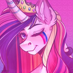 Size: 2480x2480 | Tagged: safe, artist:rubimlp6, princess cadance, alicorn, pony, g4, bisexual pride flag, crown, face paint, female, headcanon, high res, jewelry, lgbt headcanon, mare, markings, one eye closed, pink background, pride, pride flag, redesign, regalia, sexuality headcanon, simple background, solo, wink