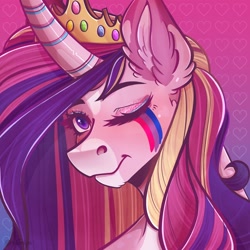 Size: 2048x2048 | Tagged: safe, alternate version, artist:rubimlp6, princess cadance, alicorn, pony, g4, bisexual pride flag, crown, face paint, female, headcanon, high res, jewelry, lgbt headcanon, mare, markings, one eye closed, pink background, pride, pride flag, redesign, regalia, sexuality headcanon, simple background, solo, wink