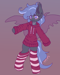Size: 2020x2520 | Tagged: source needed, safe, artist:jackselit, oc, oc only, oc:metalica, bat pony, pony, bat pony oc, bat wings, blushing, clothes, high res, oversized clothes, socks, solo, striped socks, wings