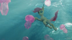 Size: 1280x719 | Tagged: safe, artist:fluffyrescent, fluttershy, jellyfish, pegasus, pony, g4, 3d, blender, cute, dive mask, ocean, shyabetes, snorkeling, solo, swimming, that pony sure does love animals, underwater, water, watershy