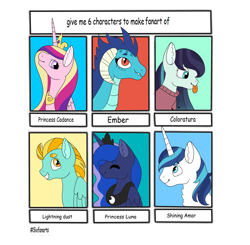 Size: 3572x3498 | Tagged: safe, artist:lilywolfpie, coloratura, lightning dust, princess cadance, princess ember, princess luna, shining armor, alicorn, dragon, earth pony, pegasus, pony, unicorn, g4, bust, dragoness, eyes closed, female, high res, male, mare, peytral, simple background, six fanarts, smiling, stallion, transparent background
