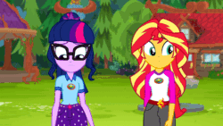 Size: 800x450 | Tagged: safe, screencap, sci-twi, sunset shimmer, twilight sparkle, equestria girls, g4, my little pony equestria girls: legend of everfree, animated, camp everfree outfits, duo, duo female, female, nervous, walking