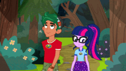 Size: 800x450 | Tagged: safe, screencap, sci-twi, timber spruce, twilight sparkle, equestria girls, g4, my little pony equestria girls: legend of everfree, animated, camp everfree outfits, female, forest, gif, hips, male, shipping, straight, swaying hips, talking, timbertwi, walking