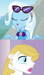 Size: 794x1332 | Tagged: safe, edit, edited screencap, screencap, prince blueblood, trixie, equestria girls, equestria girls specials, g4, my little pony equestria girls: better together, my little pony equestria girls: forgotten friendship, clothes, eyes closed, female, male, ship:bluetrix, shipping, shipping domino, straight, sunglasses, sunglasses on head, surprised blueblood, swimsuit
