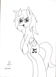 Size: 1722x2372 | Tagged: safe, artist:almaustral, oc, oc only, oc:lighting wind, pegasus, pony, bipedal, lineart, monochrome, open mouth, pegasus oc, signature, smiling, solo, traditional art, wings