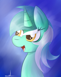 Size: 2000x2502 | Tagged: safe, artist:almaustral, lyra heartstrings, pony, unicorn, g4, bust, eyelashes, female, high res, mare, open mouth, signature, smiling, solo