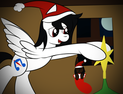 Size: 3500x2678 | Tagged: safe, artist:almaustral, oc, oc only, oc:lighting wind, pegasus, pony, christmas, christmas stocking, christmas tree, hat, high res, holiday, pegasus oc, santa hat, signature, solo, tree, wings