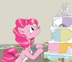 Size: 1380x1200 | Tagged: safe, artist:sinrar, pinkie pie, earth pony, pony, mlp fim's tenth anniversary, g4, apron, baking, cake, clothes, food, happy birthday mlp:fim