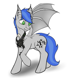 Size: 1013x1110 | Tagged: safe, artist:shade stride, oc, oc only, oc:shade stride, bat pony, pony, fangs, full body, gun, male, sierra nevada, simple background, solo, spread wings, weapon, white background, wings