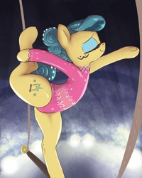 Size: 2000x2500 | Tagged: safe, artist:t72b, trapeze star, earth pony, pony, g4, acrobatics, clothes, crowd, eyes closed, female, flexible, high res, leotard, mare, solo, standing, standing on one leg, trapeze