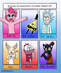 Size: 818x975 | Tagged: safe, artist:fruiitypieq, artist:shycookieq, pinkie pie, cat, earth pony, human, pony, anthro, g4, anthro with ponies, baseball bat, beastars, benson, bill cipher, bust, clothes, eyes closed, female, gravity falls, haru (beastars), hat, mae borowski, male, mare, night in the woods, open mouth, regular show, rick and morty, rick sanchez, six fanarts, smiling, top hat, waving